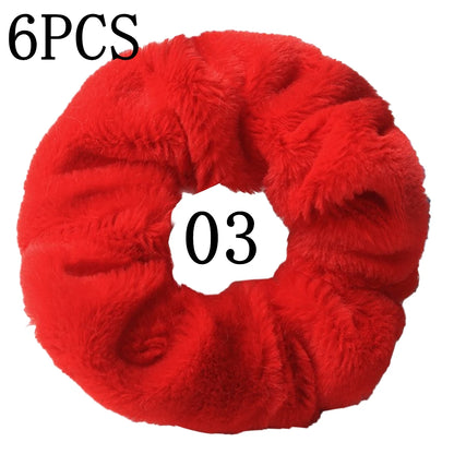 6pc Hair Scrunchies Furry Elastic Band Women Girl Ponytail Holder Rubber Ties Accessories Plush Faux Fur Soft Chiffon Headband.
