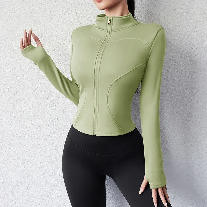 Damen Winter-Fleece-Yoga-Jacke mit durchgehendem Reißverschluss, langen Ärmeln, Workout, Activewear, Sport-Fleece-Yoga-Jacke mit Daumenloch.