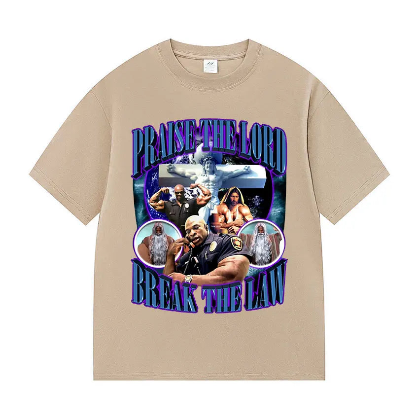 Praise The Lord Break The Law Ronnie Coleman Pump Cover Gym Funny Meme T Shirts Men's Retro Fashion Cotton Short Sleeve T-shirt.