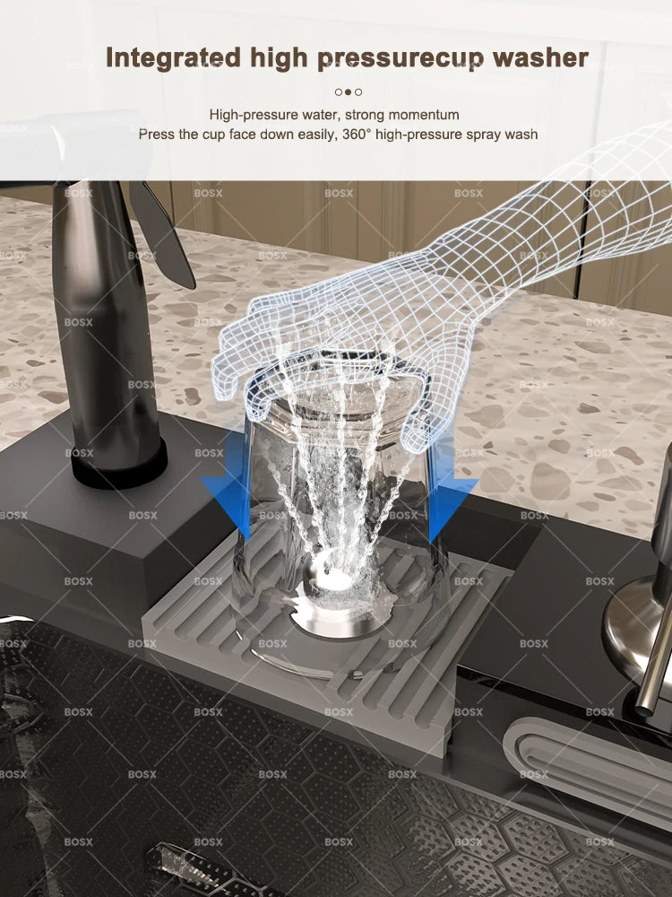 Küchenspüle, Wasserfall-Waschbecken aus Edelstahl, extra großer Einzelschlitz mit Digitalanzeige, Wasserhahn-Set für die Küche