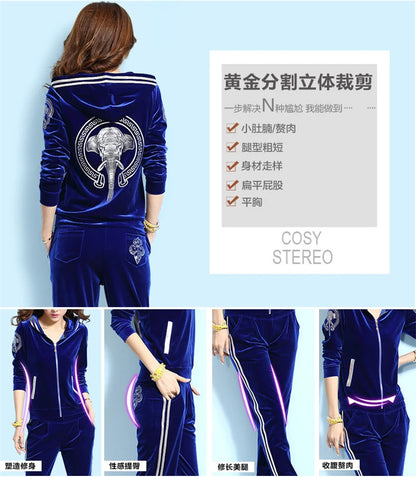 Korean Print Velvet 2 Piece Set Casual Hooded Women Outfit Harem Pant Suits Tracksuit Velour Jogging Femme Spring Fall Conjuntos.