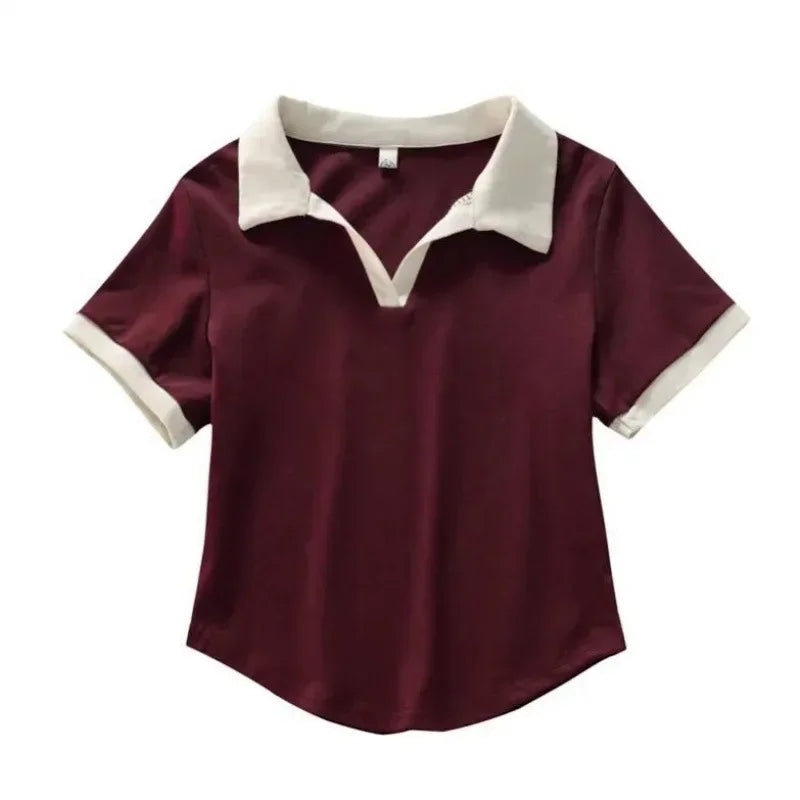 Slim Fit Polo Neck Short Sleeve T-Shirt Women's Summer Fashion Design Contrast Color Casual Versatile Top Body Shaping.