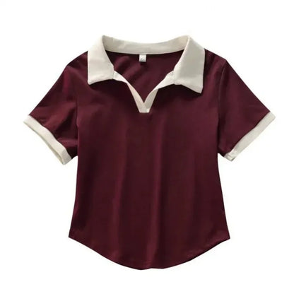 Slim Fit Polo Neck Short Sleeve T-Shirt Women's Summer Fashion Design Contrast Color Casual Versatile Top Body Shaping.
