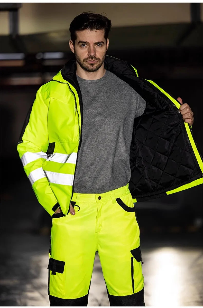 High Visibility Workwear Winter Clothes Hi Vis Suit Reflective Jacket Waterproof Winter and Pockets Reflective Work Pants Set