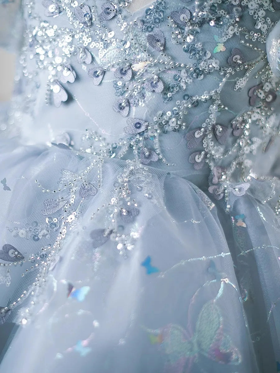 Blütenblattärmel Kleid Pailletten Mädchen Prinzessin Kleider Klavier Performance Kleider Teenager Kleidung Fliegende Ärmel Tutu Ballkleid.