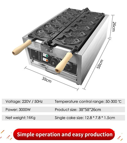 XEOLEO Taiyaki Maker Fish Waffle Machine Fish Cake Baking Machine 6 Pcs Fish Ice Cream Waffle Maker 3000W Non-stick Pan.