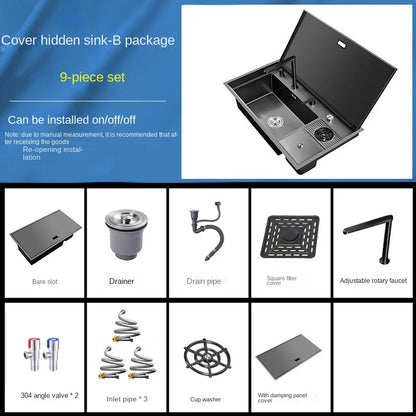 Multifunctional Nano Stainless Steel Kitchen Sink with Cover Plate, Thickened Single Basin Island Table Sink 88*51*22CM