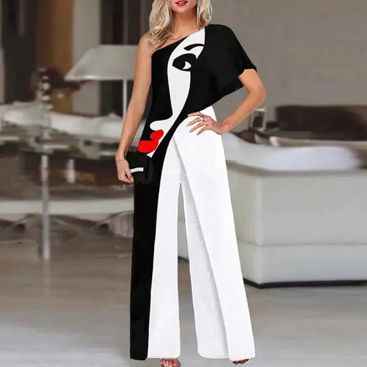 Fashionable Printed Pattern Wide Leg Pants Jumpsuit Independent Station Cross Border Spring Summer Women's Clothing.
