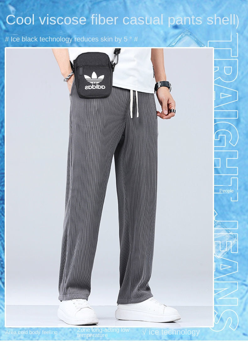 Summer Straight Pants Men's Loose Thin Section Drape Ice Silk Pants Wide Leg Sports Pants Casual Pants Fits 100kg.