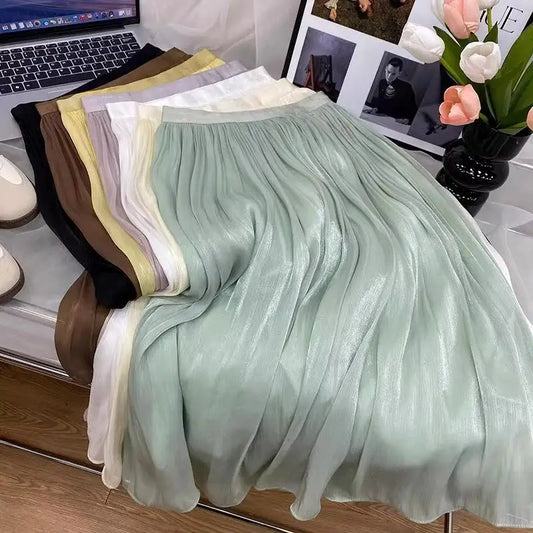 2025 Spring/Summer New Luster  A-line Women Skirt Solid Color High Waist French Paris Style Elegant Asymmetrical Skirt.