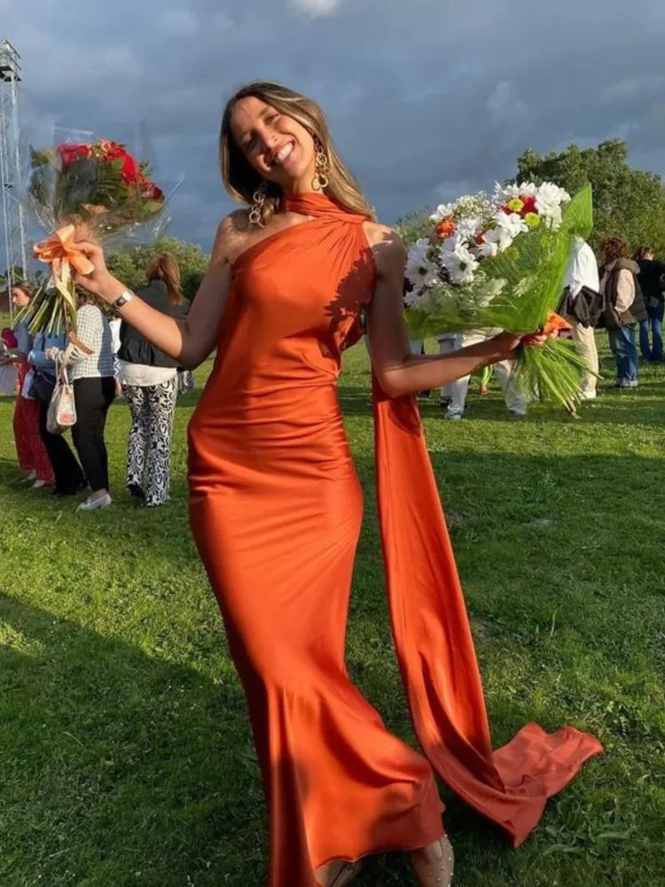 Band hängenden Hals lange Kleider schräg Schulter schnüren rücken frei seidig Satin Temperament Slim Fit Neck holder Frau Fischschwanz Kleid