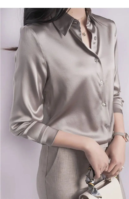 Spring Summer Casual Women's Satin Shirt Lapel Long Sleeve Blouse Loose Solid Color Office Lady Fashion Shirts Top.
