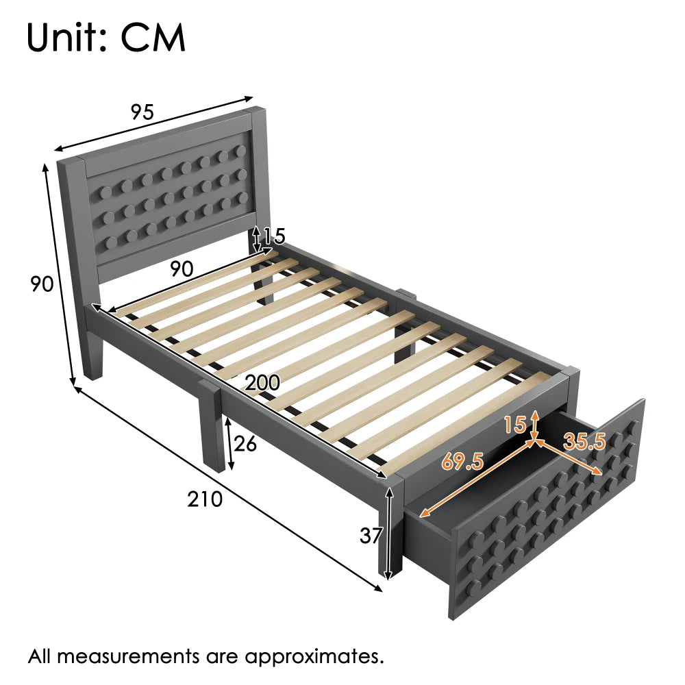 Jugendbett mit kreativem Blockdesign, Gestell aus Massivholz mit Gitterrost, mit Stauraum unter dem Bett, ohne Matratze