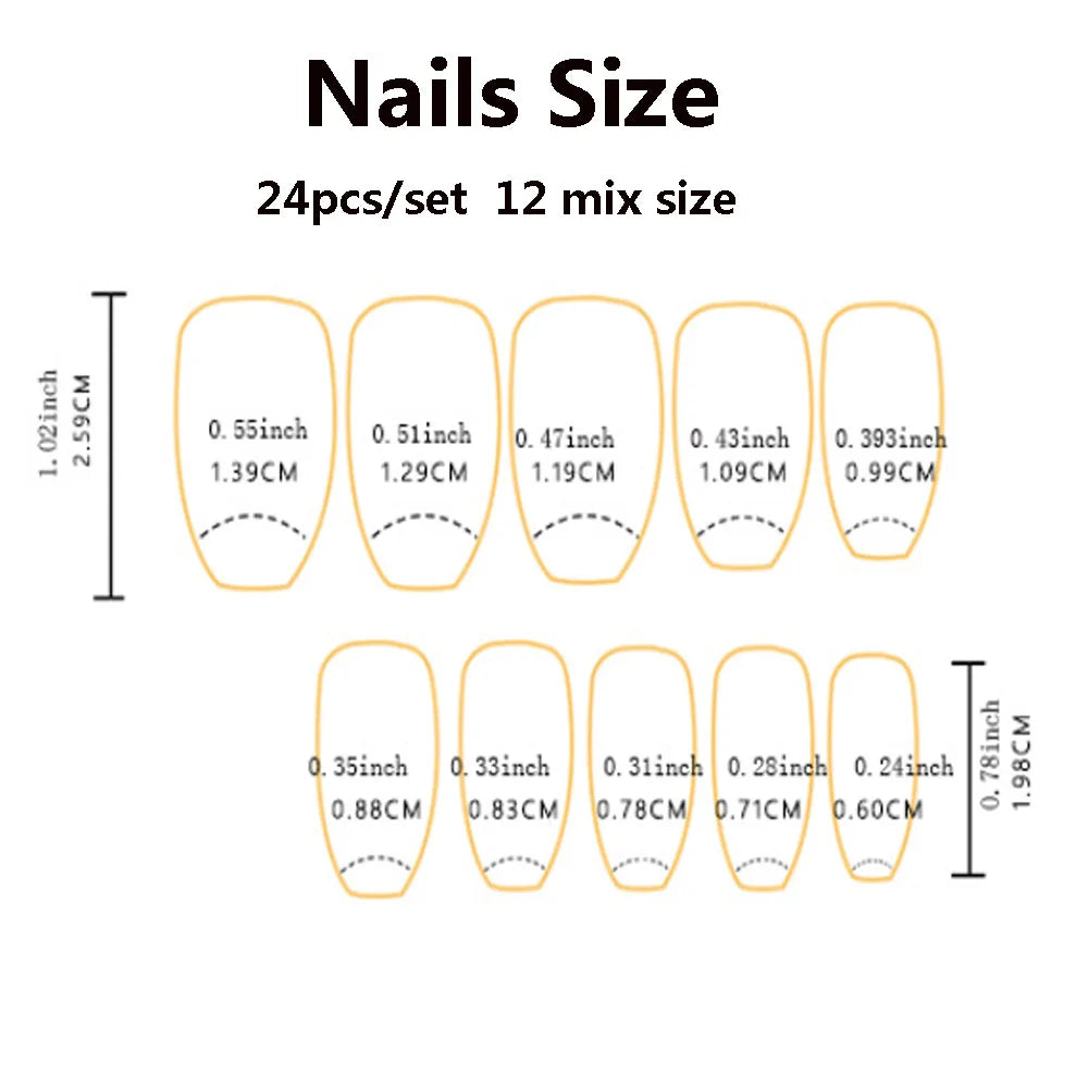 24pcs/set Medium long square fake nails for women girls cute heart flowers feather butterfly design press on false nail art tips.