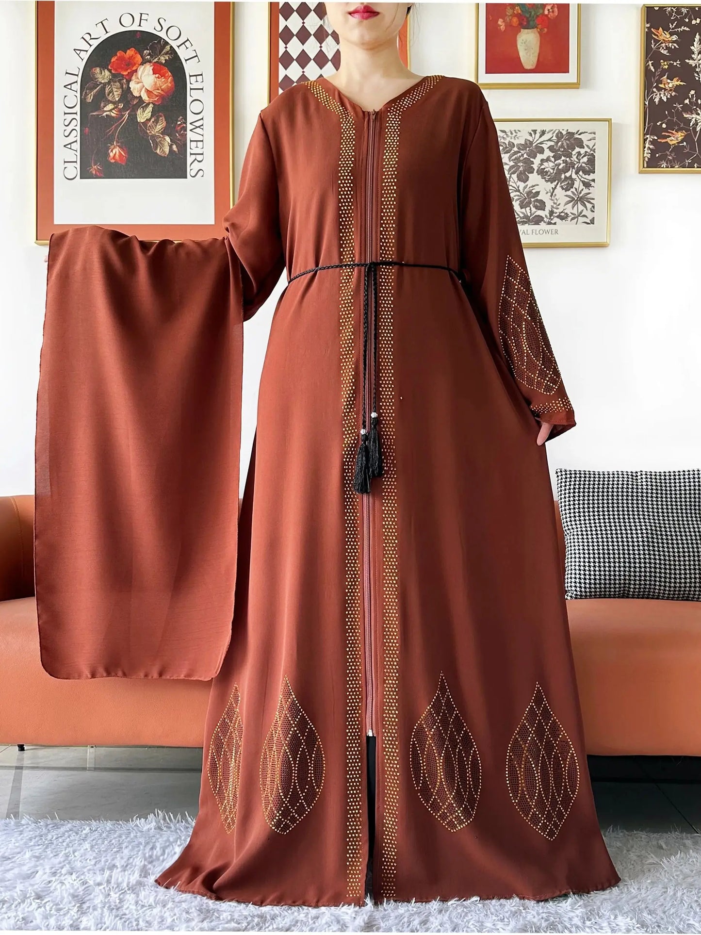 Elegant Women's Party Dress Chiffon Loose Open Zipper Abaya Muslim Islamic Clothing Cardigan Style for Special Occasions