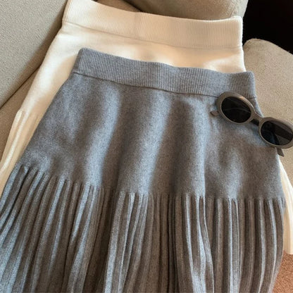 Pleated Mini Skirts Korean Sweet Knitted Skirts Sweet Elastic Waist Ladies Casual Youthful For Women's Clothes Solid Fashion New.