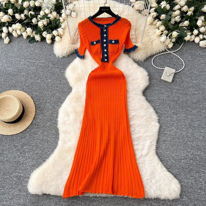 YuooMuoo Chic Mode Sexy Pakete Gestrickte Maxi Kleid Frühling Sommer Vintage Denim Patchwork Lange Pullover Kleid Dame Vestidos.