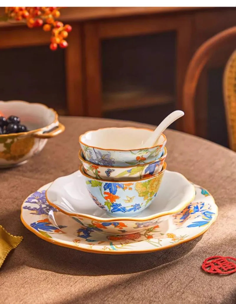 1PC Chinese-style Ceramic Plates New Flower-patterned Dinner Plates Ceramic Fruit Salad Plates Exquisite Kitchen Accessories.