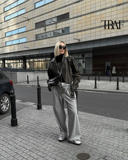 TRAF Damen Vintage lose Lederjacke Gürtel Schulter Abzeichen Zip Revers Jacke Handsome Washed Leder Motorrad Kleidung