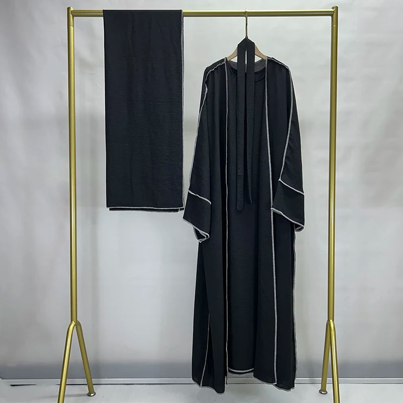 Three Piece Abaya Set With Hijab Free Belt Jazz Crepe Kimono Sleeveless Under Dress EID Ramadan Muslim Women Islamic Clothing.