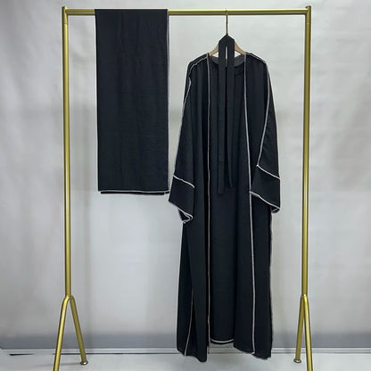 Three Piece Abaya Set With Hijab Free Belt Jazz Crepe Kimono Sleeveless Under Dress EID Ramadan Muslim Women Islamic Clothing.