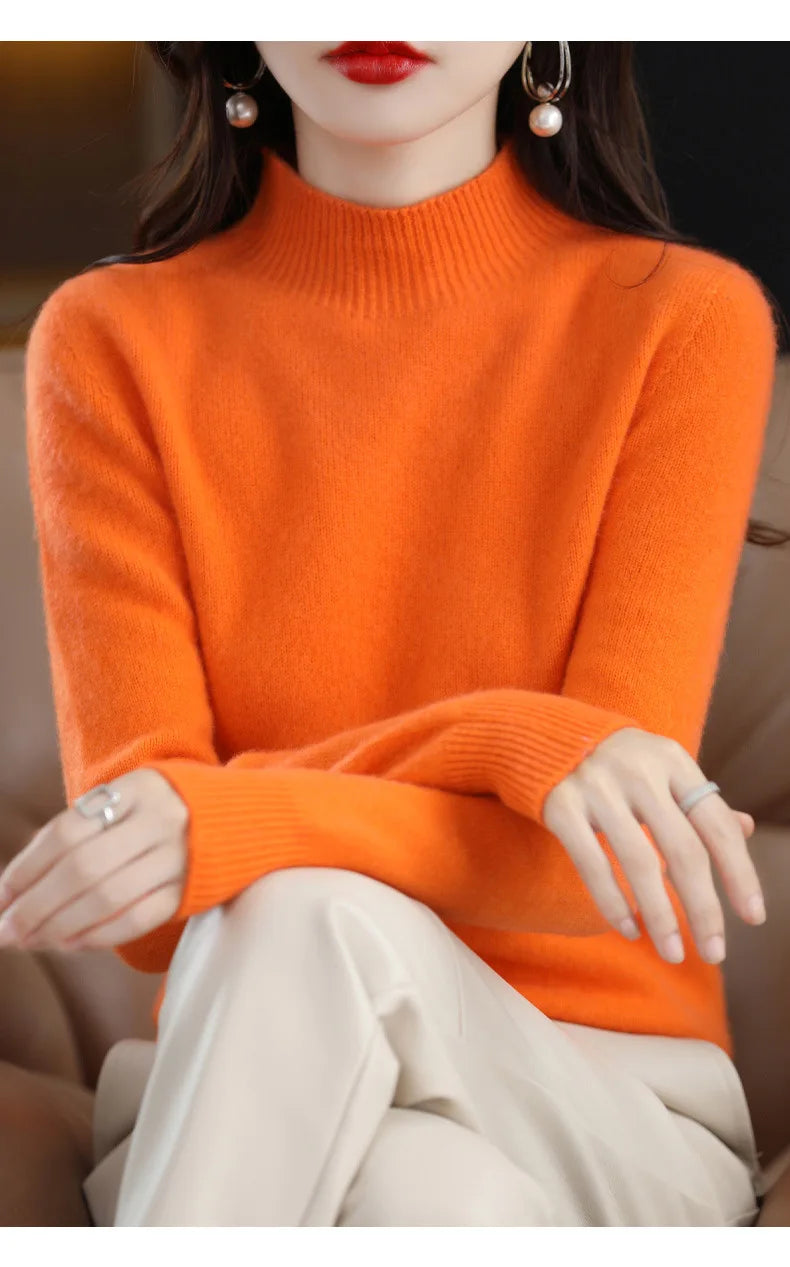 Herbst Winter Frauen Pullover Koreanische Mode Warme Bodenbildung Shirts Halb Hohe Kragen Grundlegende Strickwaren Solide Langarm Pullover