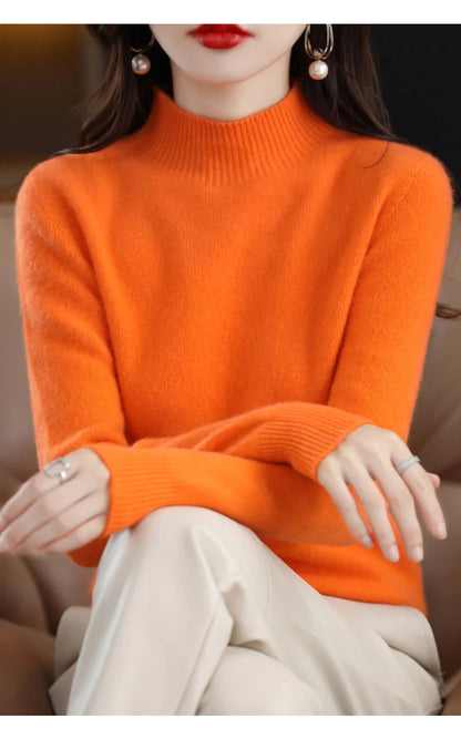 Herbst Winter Frauen Pullover Koreanische Mode Warme Bodenbildung Shirts Halb Hohe Kragen Grundlegende Strickwaren Solide Langarm Pullover