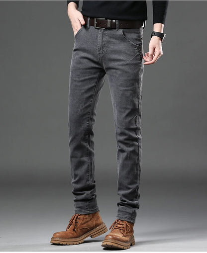 New Pure Gray Korean Slim Jeans Men's Stretch Tight Trendy Jean Trousers Branded Streetwear Comfortable Man Clothing Pants.