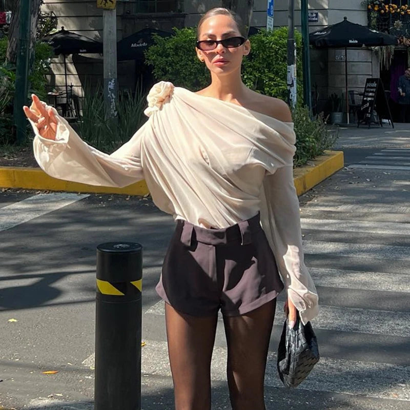 WhereMery Sexy Irregular Oblique-neck Flower Applique T Shirt Summer Off Shoulder Fashion Long Sleeve Crop Tops Street Mesh Tees.