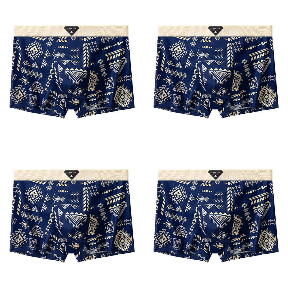 4Pcs Boxer Shorts männer Unterwäsche Eis Seide Unterhose Sexy Höschen Gedruckt Boyshort Atmungsaktive Elastische Dessous Plus Größe L-4XL