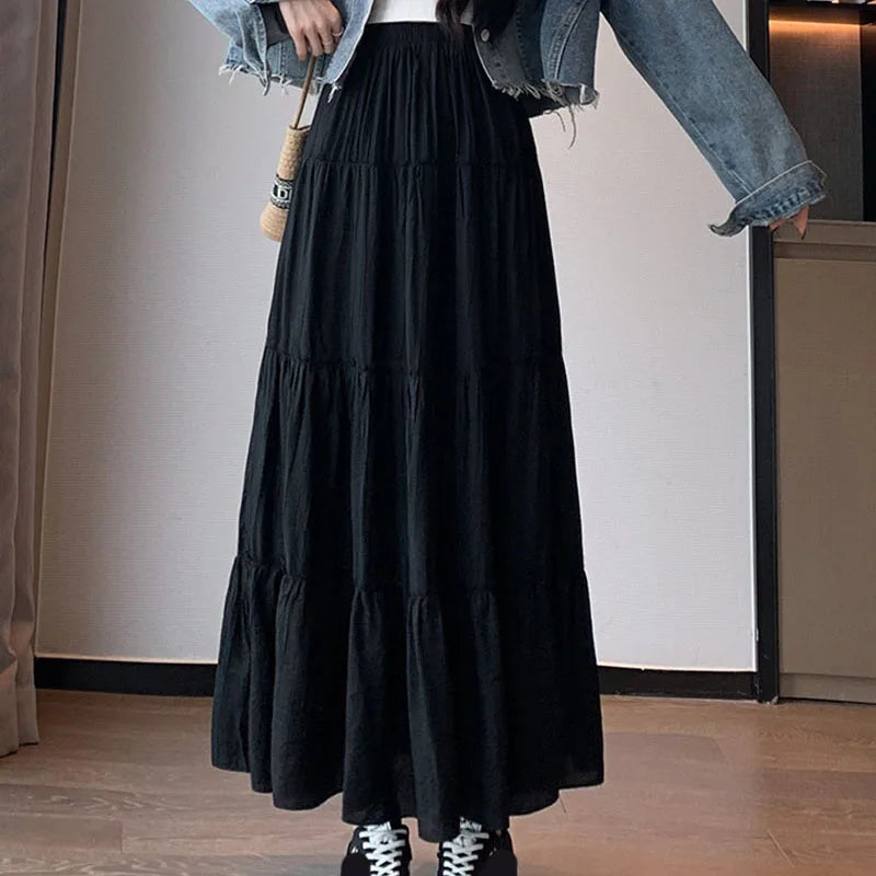 Spring Summer Women Long Skirts Fashion High Waist Elastic Patchwork A-Line Skirt Casual All-Match White Cake Maxi Skirts Female.