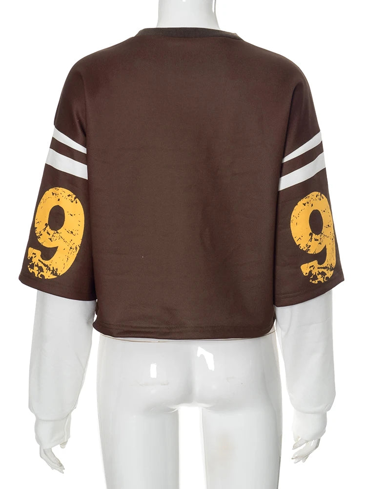 Weird Puss Fake Two Piece Pullover Women Trend Contrast Number Print Patchwork Long Sleeve Autumn Casual Simple Streetwear Tops.