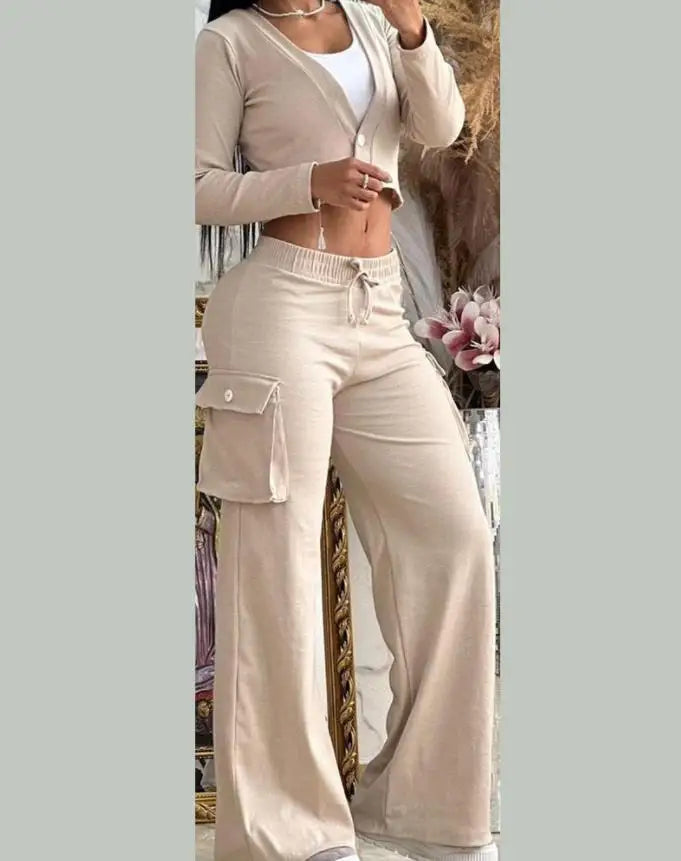 Women's Casual Two Piece Sets Spring Autumn Fashion Cardigan Long Sleeve Short Top Big Pocket Cargo Pants Sets 2024 Outifits.