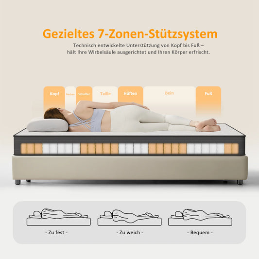 Taschenfederkernmatratze 180×200×22 cm – 7-Zonen Matratze mit Komfortschaum und stabiler Unterstützung H4