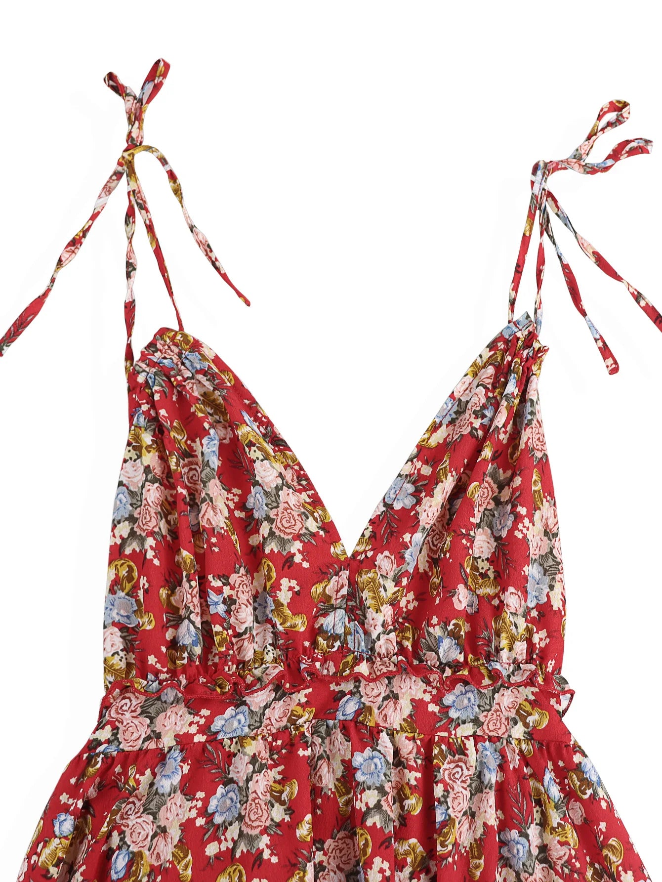 kleider damen,damen kleidung,Sommer Sexy Kurzes Kleid Frauen Casual Blumendruck Backless Lace-up Strand Sommerkleid Mode V-Ausschnitt Blau Rüschen A-Linie Kleider 2025.