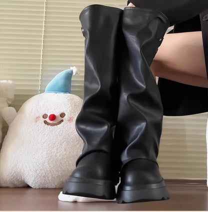 Punk Style Splicing Thick Bottom Women Knee-High Boots Fashion Zipper Female Pleated Knight Long Booties Shoes.