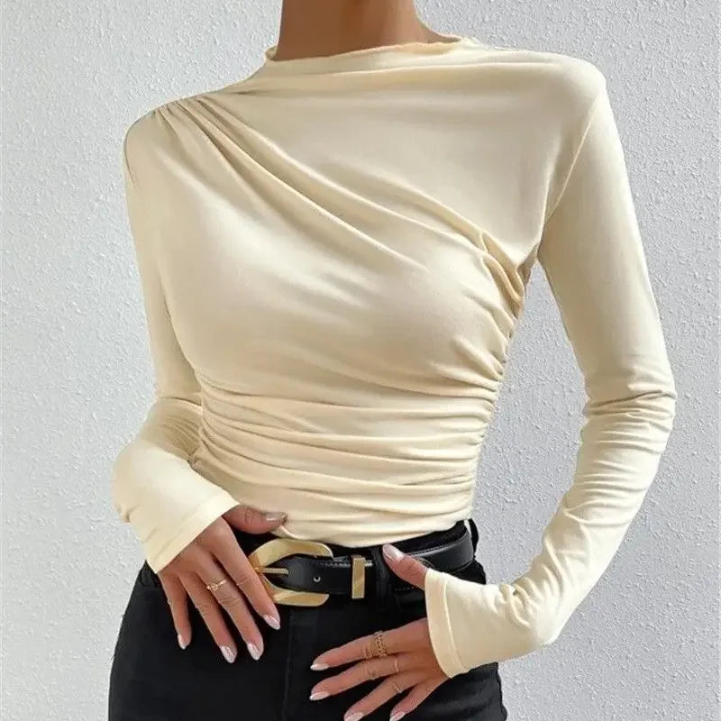 New Pure Color Folded High Collar Slim Fit Long Sleeve T-Shirt Grey Autumn Winter Versatile Design Base Layer Women's Top.