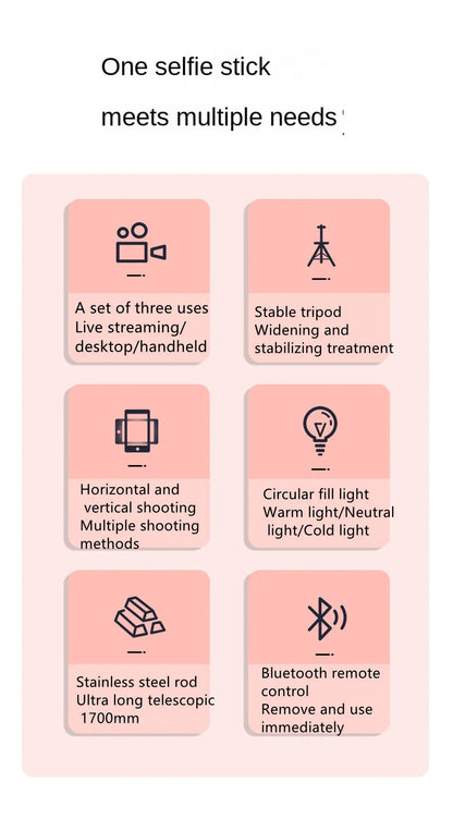 FGCLSY 1.7M selfie stick tripod with Light wireless remote control 360 ° rotation for smartphone video recording live streaming.