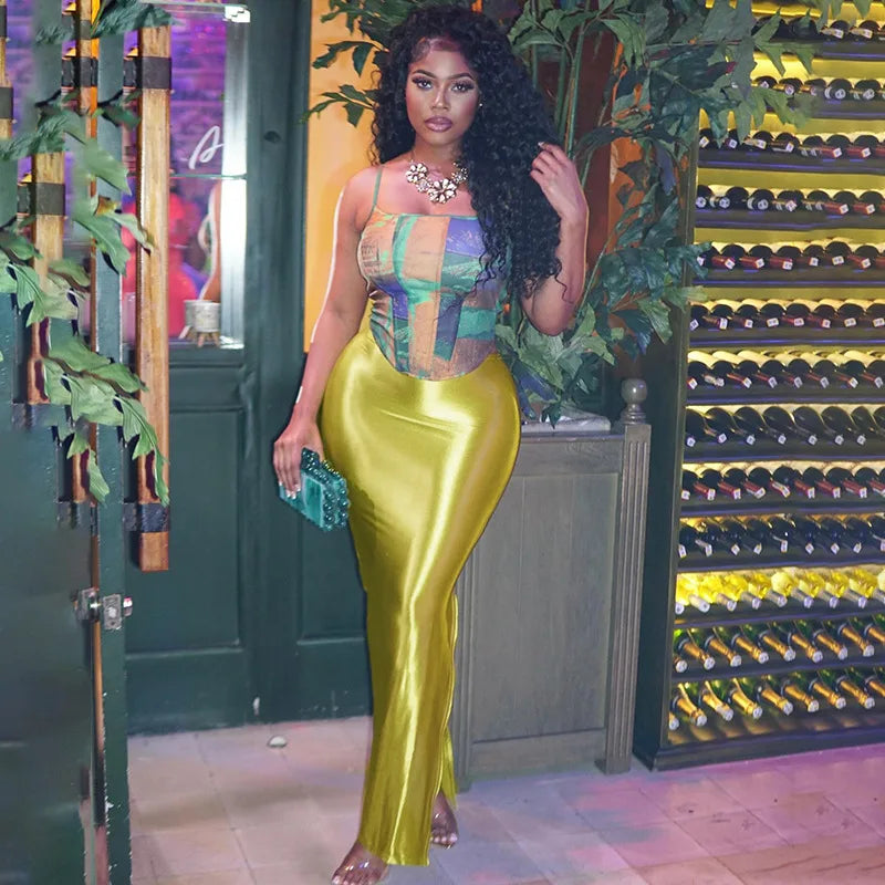 2025 Autumn Stain Long Solid Color Skirt Women Elegant High Waist Side Split Maxi Skirts Party Sexy Clothes for Female.