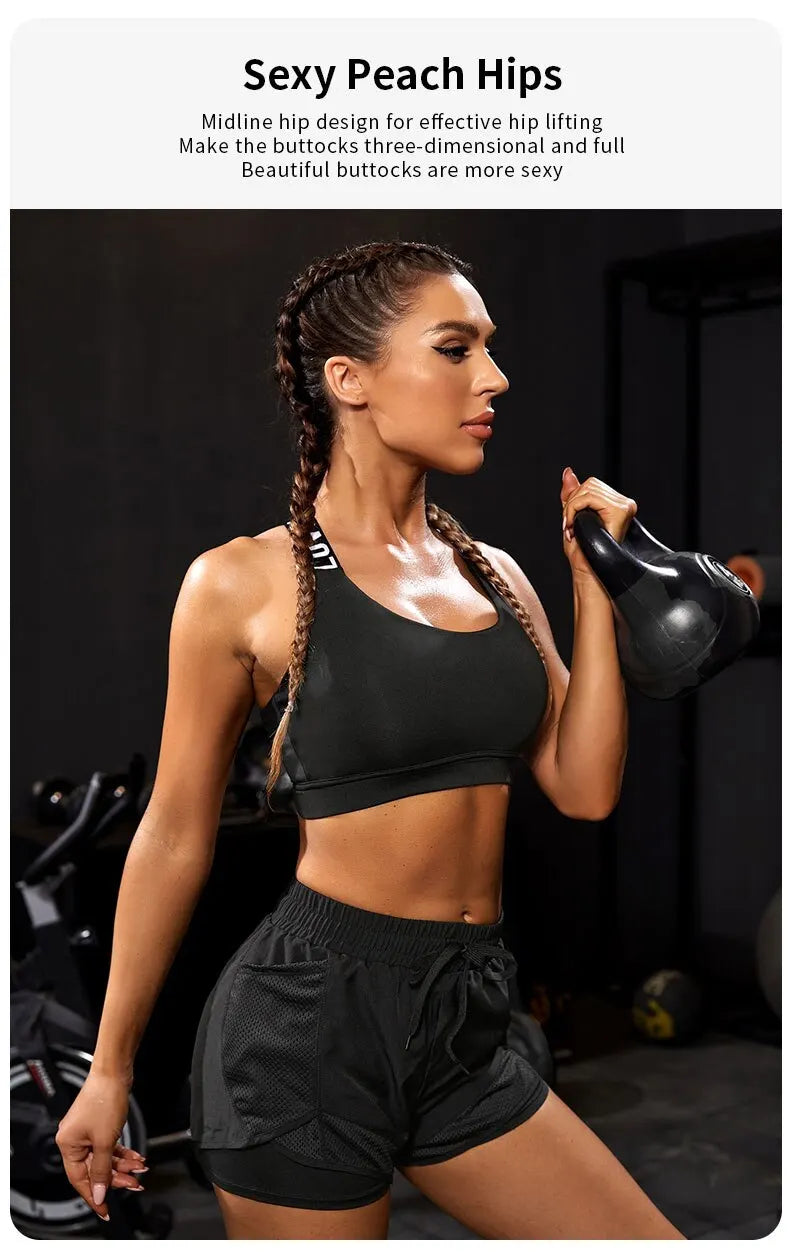 Women's Elastic Sports Shorts, Shorts With Pockets, Fake Two-Piece Yoga Leggings Running And Training.