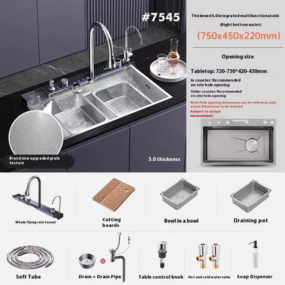 Silver Waterfalls Stainless Steel Kitchen Sink Multifunction Intelligent Digital Display Temperature Household Large Single Slot