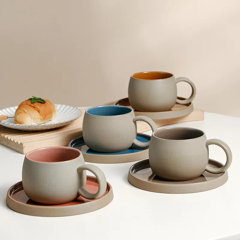 Retro Coarse Pottery Mug and Saucer Combination Japanese Coffee Cup Set Nordic Afternoon Tea Breakfast Cup Latte Coffee Mug.