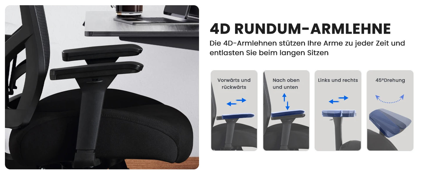 Bürostuhl 200 kg Ergonomischer Schreibtischstuhl mit 4D-Armlehnen, Bürostuhl mit Lendenwirbelstütze und 3D-verstellbarem, Wippfunkti