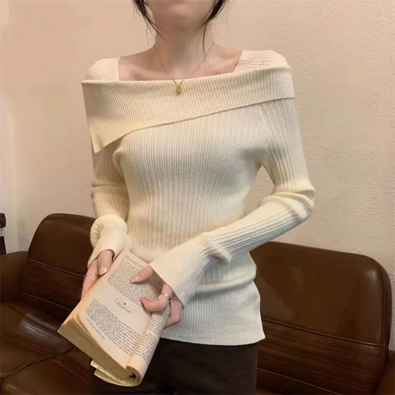 Solide Sexy Schlank Off Schulter Slash Neck Langarm Stricken Pullover Frauen Jumper Büro Mode Neue.