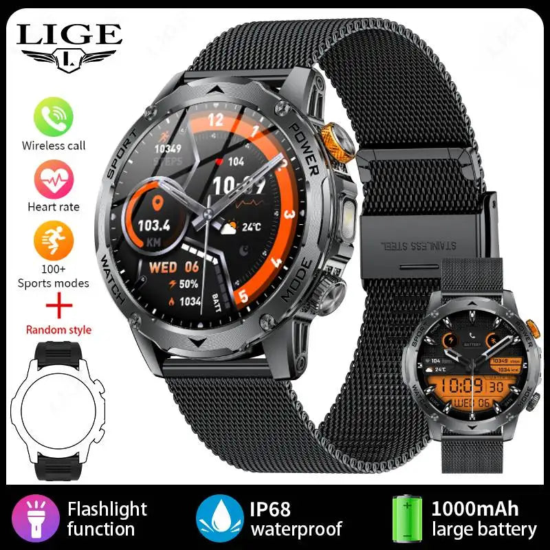 LIGE 2025 New 1000mah Smart Watch Men AMOLED HD Display Sport Fitness LED Flashlight Bluetooth Call Smartwatch For HUAWEI XIAOMI