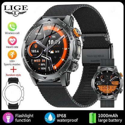 LIGE 2025 New 1000mah Smart Watch Men AMOLED HD Display Sport Fitness LED Flashlight Bluetooth Call Smartwatch For HUAWEI XIAOMI