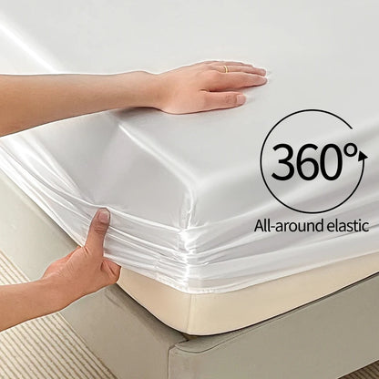 Satin Elastic Fitted Sheet Solid Mattress Cover 360 Band Bed Sheet for Single Double Couple King Queen Full Twin Bedsheet.