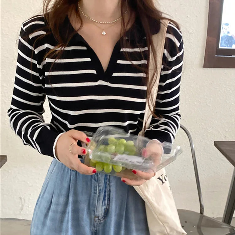 Gestreifter V-Ausschnitt Pullover Polo-Pullover Damen Frühherbst lässig All-Match-Tops Langarm Strick pullover Pullover Pullover.