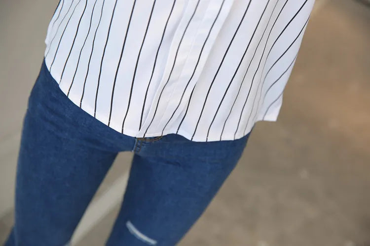 Stripe Women Blouse Fashion Standing Collar Women's Shirt Long Sleeved Shirts and Blouses Printing Ladies Tops Basic Womens Tops