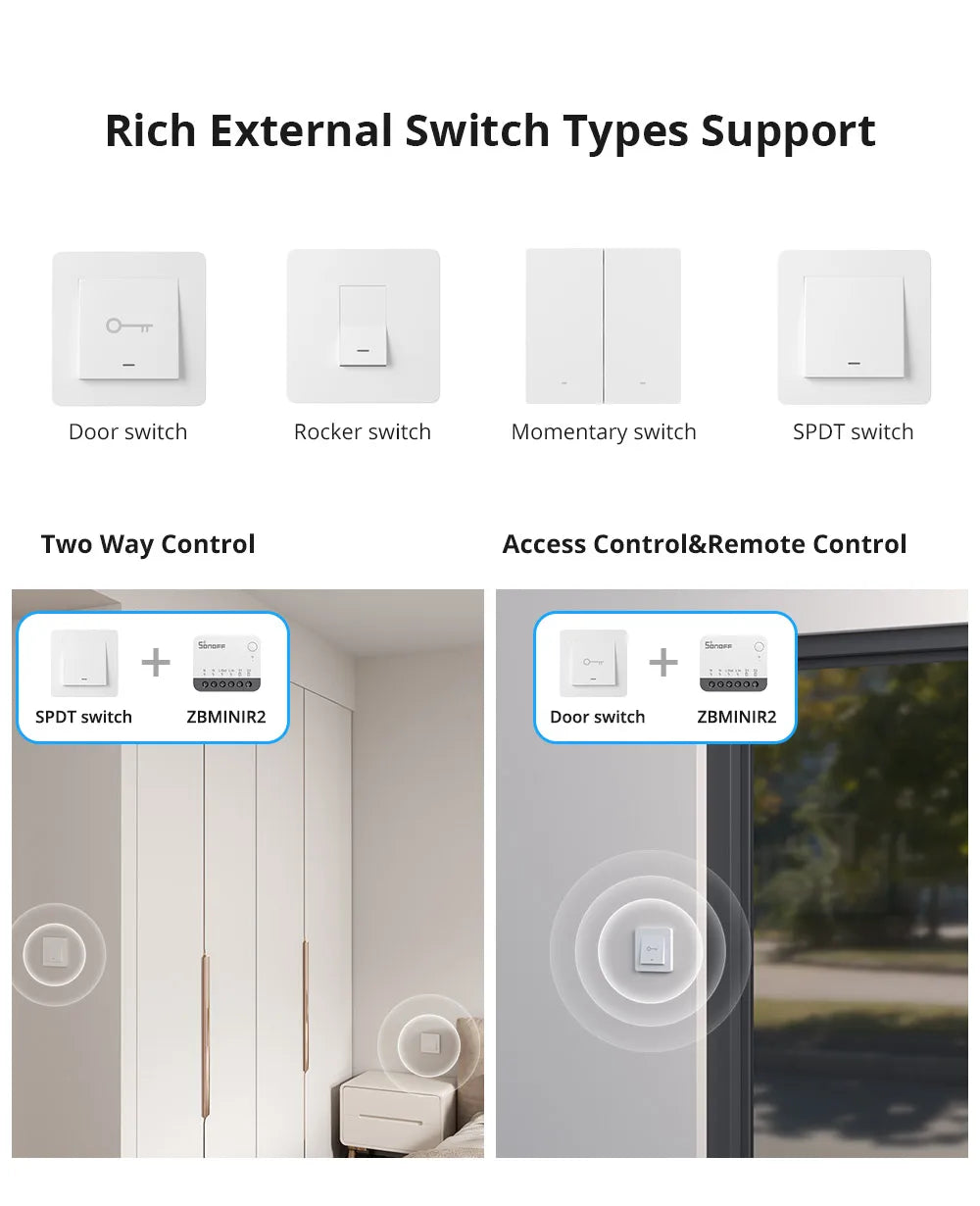 SONOFF ZBMINIR2 Extreme Zigbee Smart Switch Detach Relay Externer Schalter Fernbedienung über eWeLink, kompatibel mit Zigbee Hub.